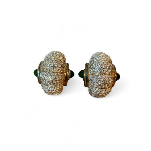 Vintage Gold-Tone Clip-On Earrings With Green Stone & Rhinestones - Picture 2 of 5